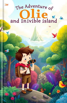 A whimsical children's book cover featuring Ollie, a curious young adventurer with a backpack and binoculars, standing on the edge of a vibrant forest
