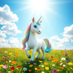 A whimsical and adorable unicorn standing in a lush green meadow filled with colorful wildflowers