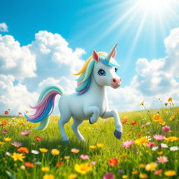 A whimsical and adorable unicorn standing in a lush green meadow filled with colorful wildflowers