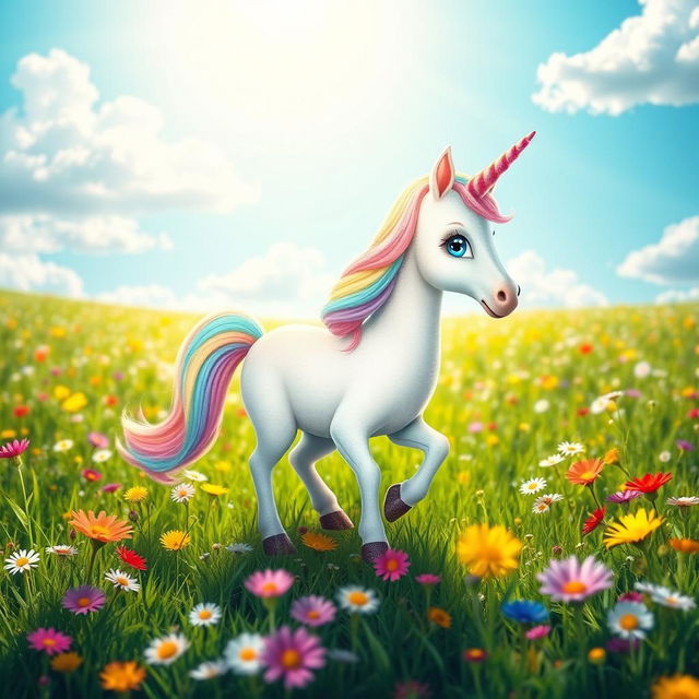 A whimsical and adorable unicorn standing in a lush green meadow filled with colorful wildflowers