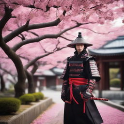 Generate an image of a royal samurai in sleek black armor adorned with striking red accents