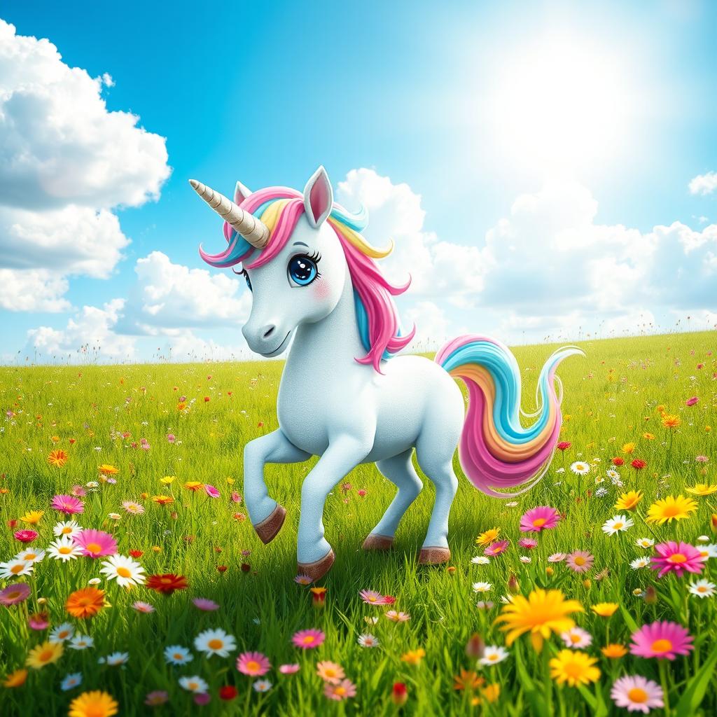 A whimsical and adorable unicorn standing in a lush green meadow filled with colorful wildflowers