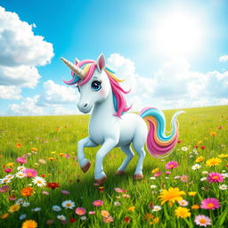 A whimsical and adorable unicorn standing in a lush green meadow filled with colorful wildflowers