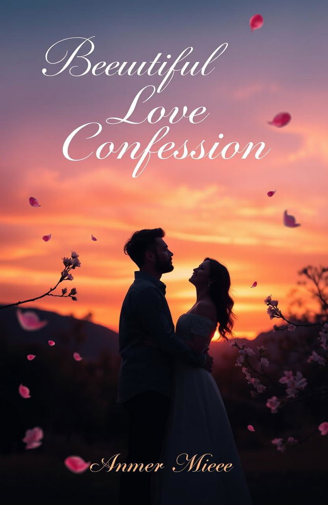 A romantic book cover for a story titled 'Beautiful Love Confession', featuring a breathtaking sunset backdrop with warm hues of orange and pink in the sky