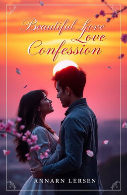 A romantic book cover for a story titled 'Beautiful Love Confession', featuring a breathtaking sunset backdrop with warm hues of orange and pink in the sky