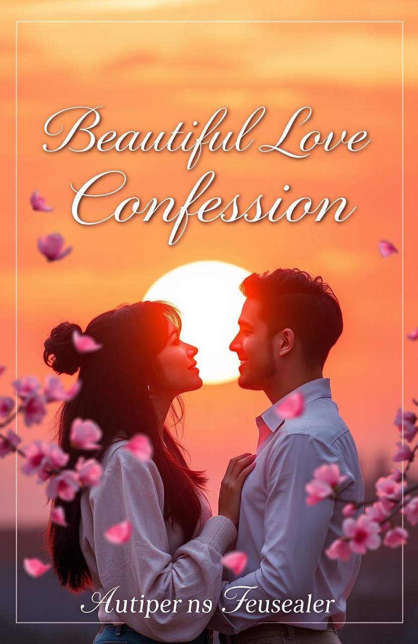 A romantic book cover for a story titled 'Beautiful Love Confession', featuring a breathtaking sunset backdrop with warm hues of orange and pink in the sky