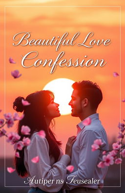 A romantic book cover for a story titled 'Beautiful Love Confession', featuring a breathtaking sunset backdrop with warm hues of orange and pink in the sky