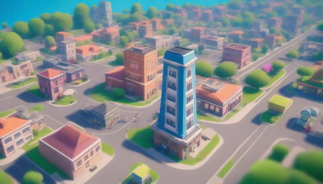 Create a 32K HD image, a YouTube thumbnail of Tilted Towers from Fortnite in a 200mm format