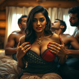 A sultry Indian woman embracing an intimate bedroom scene in a modest lodge, surrounded by multiple men
