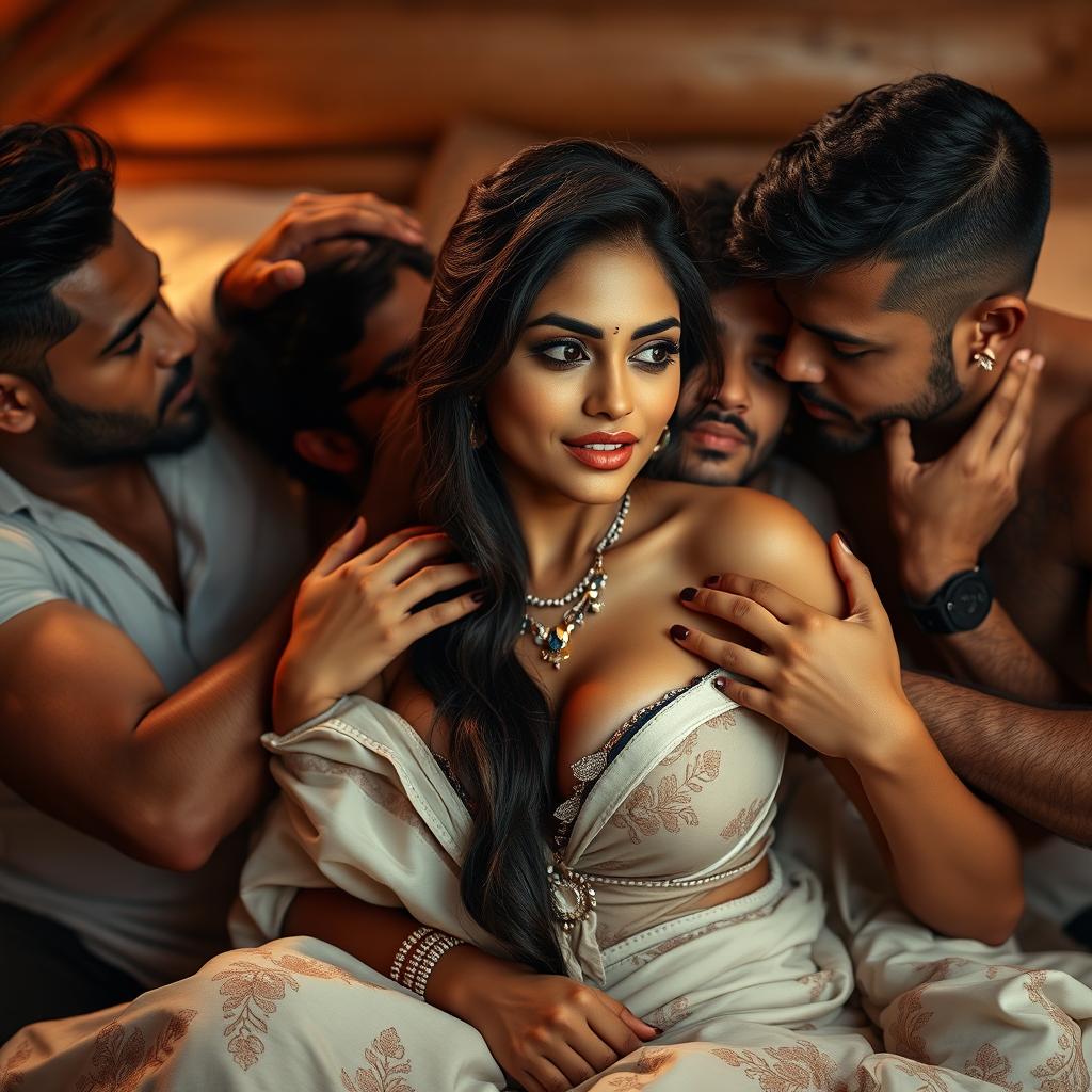 A sultry Indian woman embracing an intimate bedroom scene in a modest lodge, surrounded by multiple men