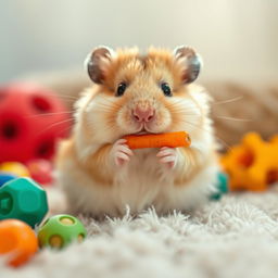 A cute hamster sitting on a soft, fluffy surface, with round chubby cheeks and bright, sparkling eyes