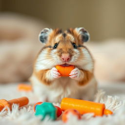A cute hamster sitting on a soft, fluffy surface, with round chubby cheeks and bright, sparkling eyes
