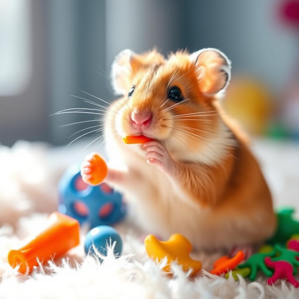 A cute hamster sitting on a soft, fluffy surface, with round chubby cheeks and bright, sparkling eyes