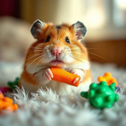 A cute hamster sitting on a soft, fluffy surface, with round chubby cheeks and bright, sparkling eyes