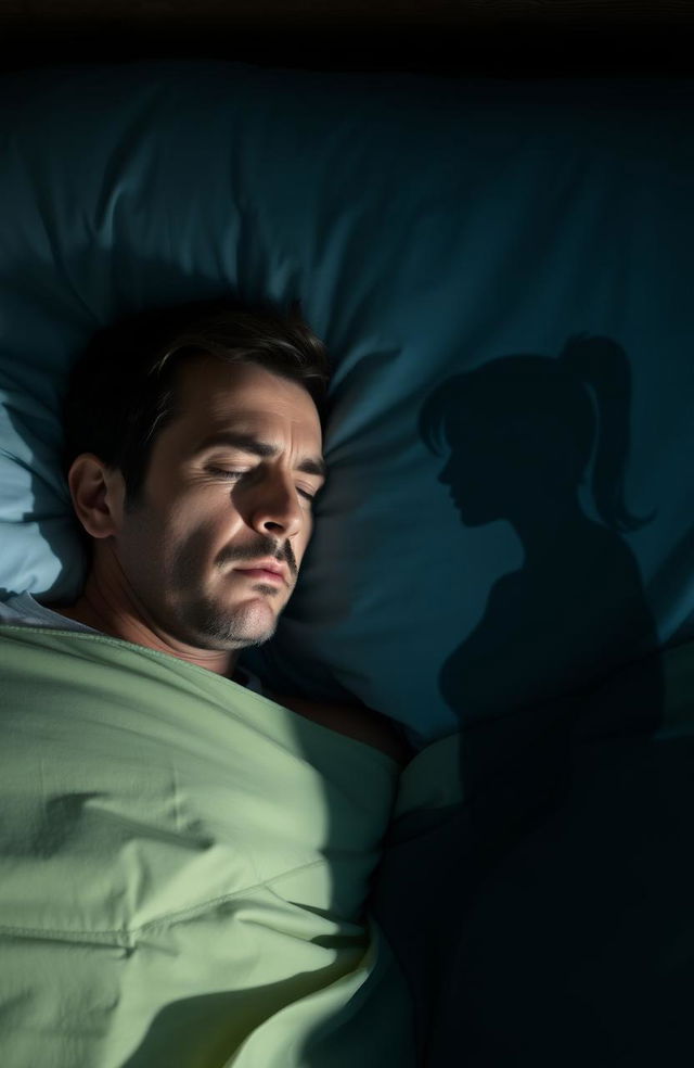 A man is sound asleep on his bed, his face displaying a look of panic and fear indicating he is troubled by an issue