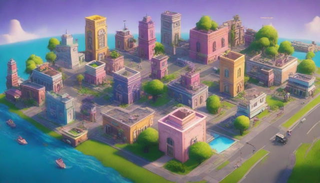 Create a 32K HD image, a YouTube thumbnail of Tilted Towers from Fortnite in a 200mm format