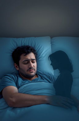 A man is sound asleep on his bed, his face displaying a look of panic and fear indicating he is troubled by an issue