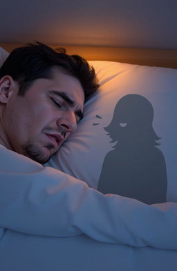 A man is sound asleep on his bed, his face displaying a look of panic and fear indicating he is troubled by an issue