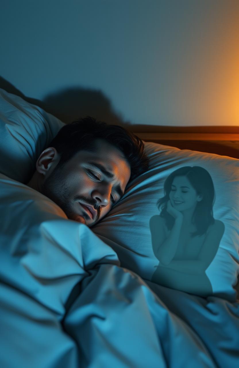 A man is sound asleep on his bed, his face displaying a look of panic and fear indicating he is troubled by an issue