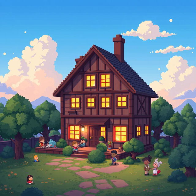 A vibrant pixel art illustration showcasing a panel house, filled with intricate details and a lively atmosphere