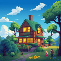 A vibrant pixel art illustration showcasing a panel house, filled with intricate details and a lively atmosphere