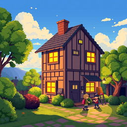 A vibrant pixel art illustration showcasing a panel house, filled with intricate details and a lively atmosphere