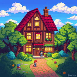 A vibrant pixel art illustration showcasing a panel house, filled with intricate details and a lively atmosphere