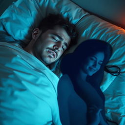 A man is peacefully asleep on his bed, his face reflecting panic and fear as if troubled by an issue