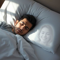 A man is peacefully asleep on his bed, his face reflecting panic and fear as if troubled by an issue