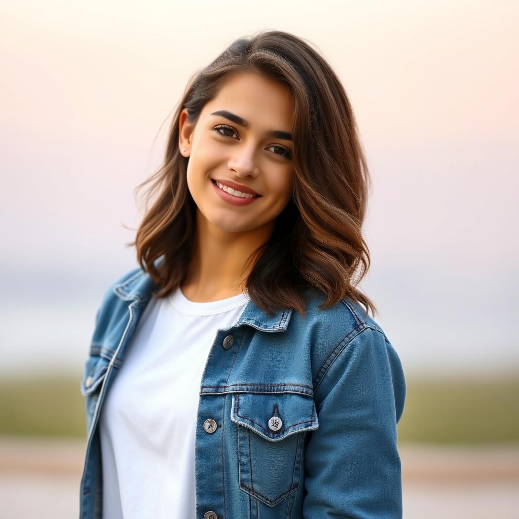 A stylish and modern profile picture featuring a confident young adult with medium-length wavy hair, wearing a trendy denim jacket over a simple white t-shirt