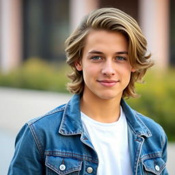 A stylish and modern profile picture featuring a confident young adult with medium-length wavy hair, wearing a trendy denim jacket over a simple white t-shirt