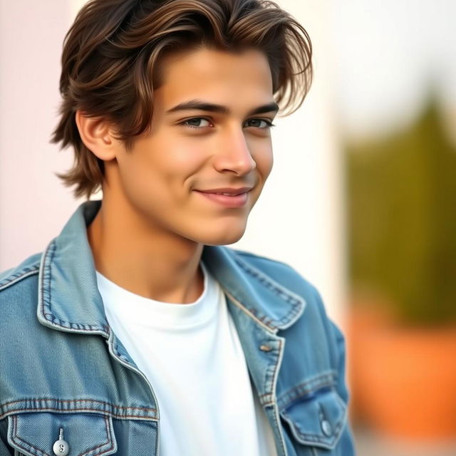 A stylish and modern profile picture featuring a confident young adult with medium-length wavy hair, wearing a trendy denim jacket over a simple white t-shirt