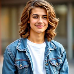 A stylish and modern profile picture featuring a confident young adult with medium-length wavy hair, wearing a trendy denim jacket over a simple white t-shirt