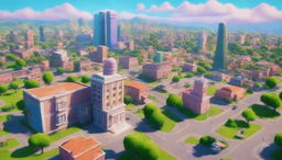 Create a 32K HD image, a YouTube thumbnail of Tilted Towers from Fortnite in a 200mm format