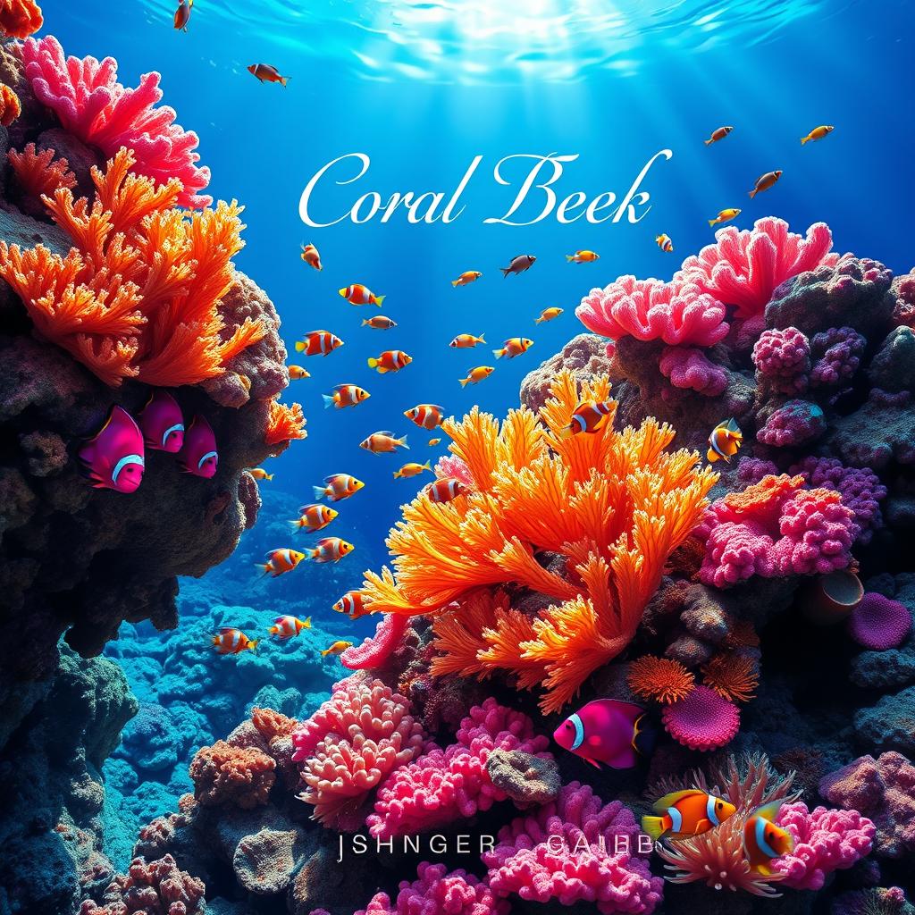 A vibrant book cover design featuring an underwater coral reef scene teeming with marine life