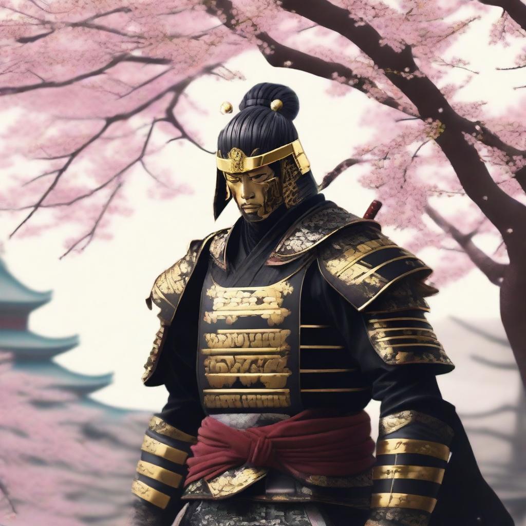 Generate an image of a regal samurai, impeccably dressed in black armor accentuated by rich golden details