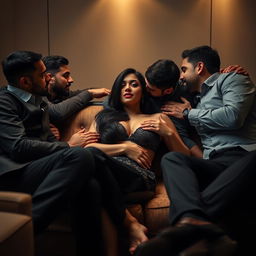 A sultry scene featuring an Indian woman in a meeting room, lounging on a plush couch surrounded by multiple men