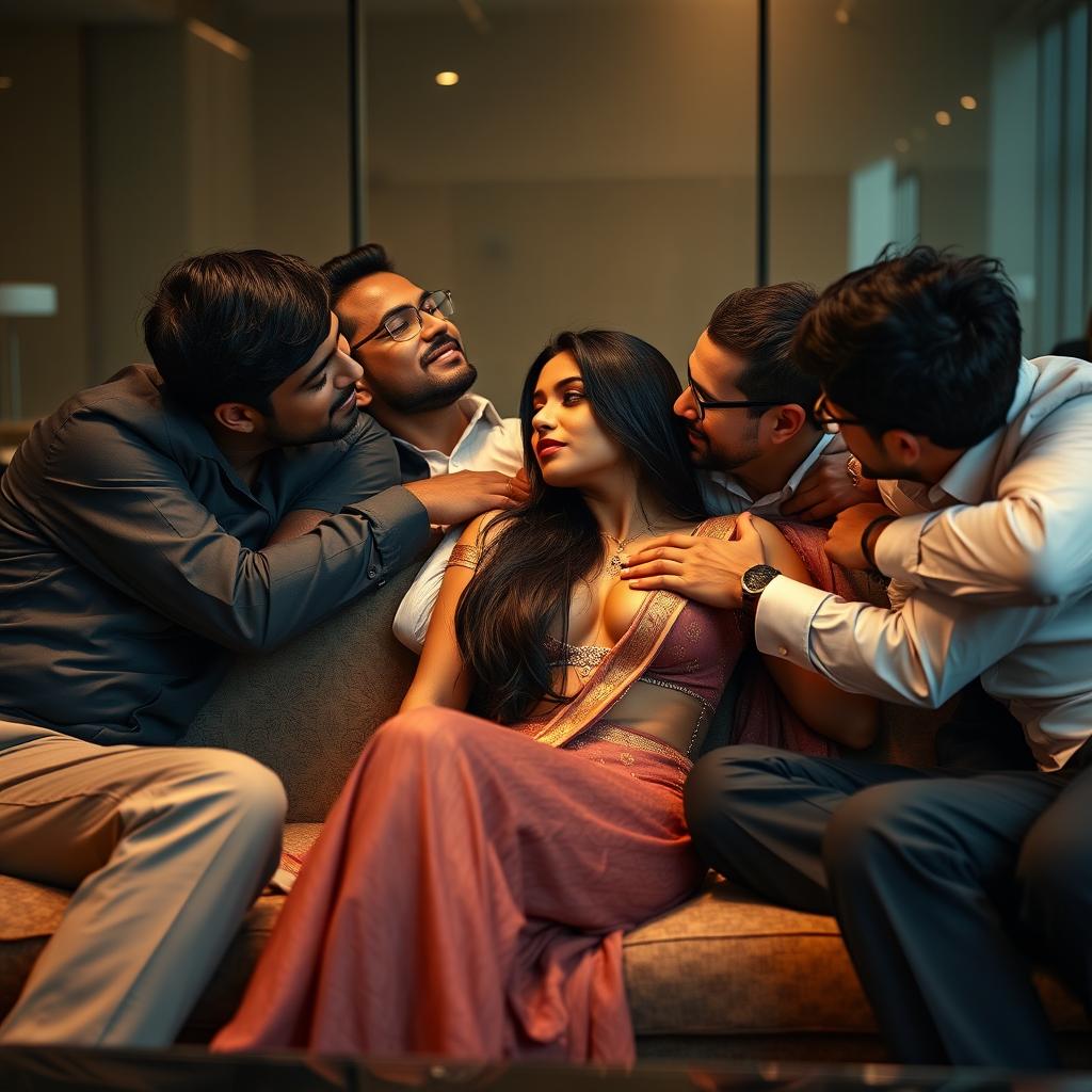 A sultry scene featuring an Indian woman in a meeting room, lounging on a plush couch surrounded by multiple men