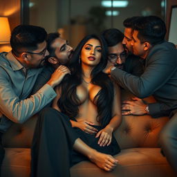 A sultry scene featuring an Indian woman in a meeting room, lounging on a plush couch surrounded by multiple men