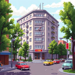 A vibrant pixel art illustration of a Soviet Khrushchyovka apartment building, showcasing its distinct architectural features such as the flat-roof design, multiple floors, and typical exterior details