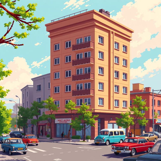 A vibrant pixel art illustration of a Soviet Khrushchyovka apartment building, showcasing its distinct architectural features such as the flat-roof design, multiple floors, and typical exterior details