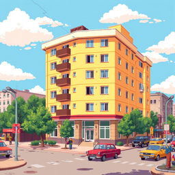 A vibrant pixel art illustration of a Soviet Khrushchyovka apartment building, showcasing its distinct architectural features such as the flat-roof design, multiple floors, and typical exterior details