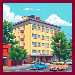 A vibrant pixel art illustration of a Soviet Khrushchyovka apartment building, showcasing its distinct architectural features such as the flat-roof design, multiple floors, and typical exterior details