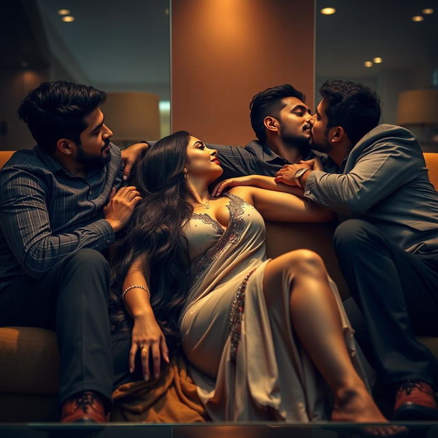 A sultry scene featuring an Indian woman in a meeting room, reclining on a plush couch surrounded by multiple men