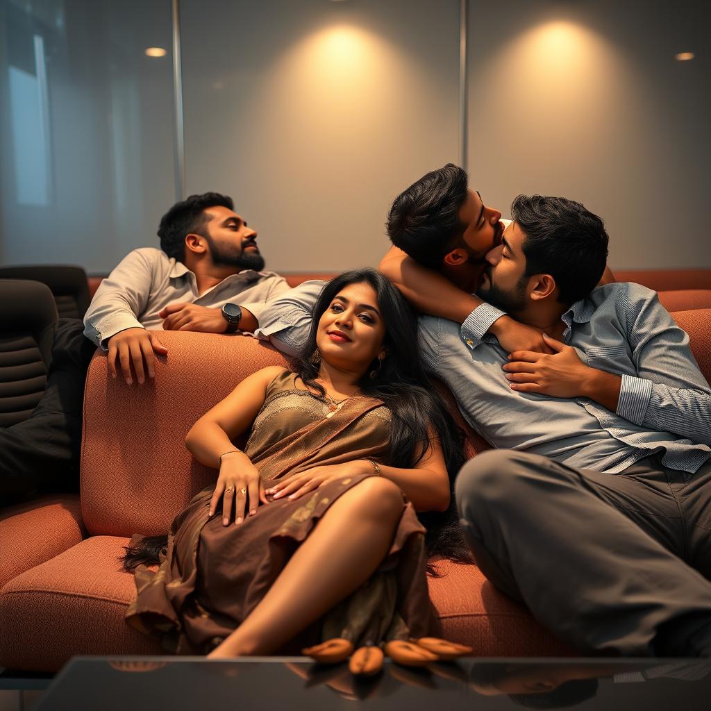 A sultry scene featuring an Indian woman in a meeting room, reclining on a plush couch surrounded by multiple men