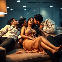 A sultry scene featuring an Indian woman in a meeting room, reclining on a plush couch surrounded by multiple men