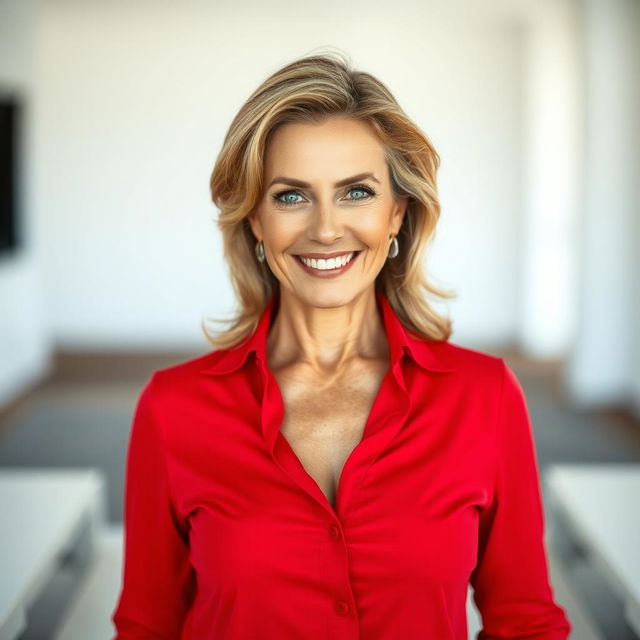 A beautiful 50-year-old woman with striking blue eyes wearing a red low-cut shirt