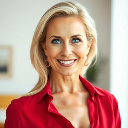 A beautiful 50-year-old woman with striking blue eyes wearing a red low-cut shirt