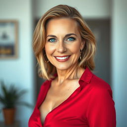 A beautiful 50-year-old woman with striking blue eyes wearing a red low-cut shirt
