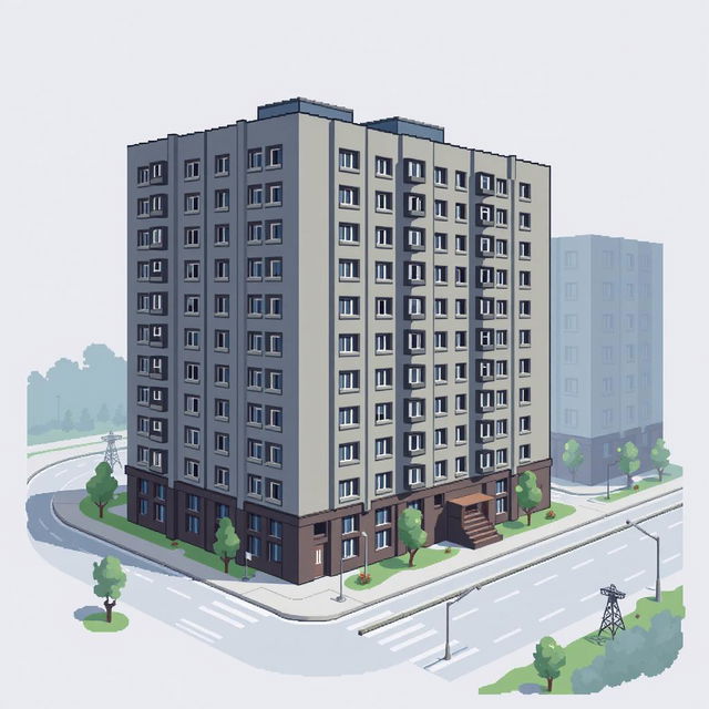 A pixel art depiction of a Khrushchyovka apartment building, featuring a detailed façade with gray tones